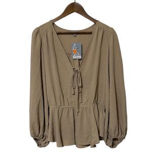 NWT Floral & Ivy Peplum Style Balloon Sleeve Top Neutral Taupe with Ties Women L